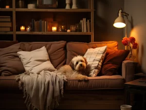 A dog on a sofa in a warm room heated by electric radiators which is there to show why your rental property should have electric heating.