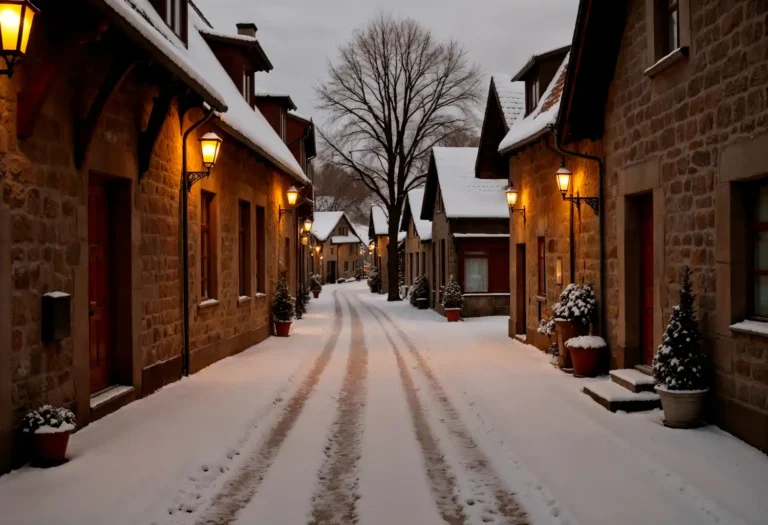 A snowy street with cute houses on either side to show the ways to keep your home warm over winter.